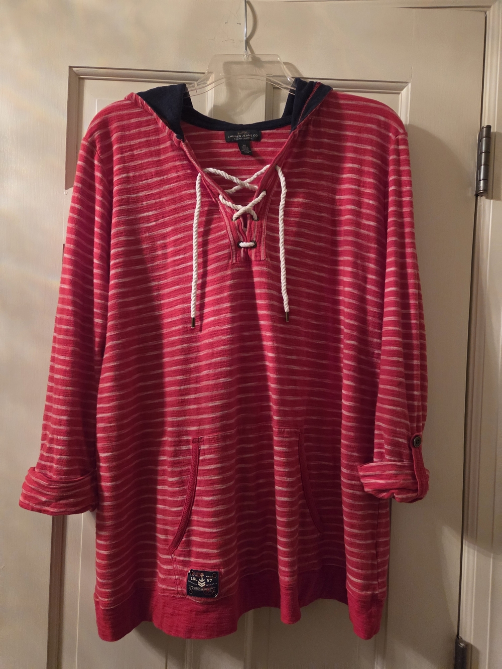 Lauren Ralph Lauren White Striped Lace-Up Hooded Pullover